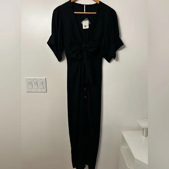 FREE PEOPLE Black Linen Blend Vintage Summer Midi Dress - Picture 5 of 12